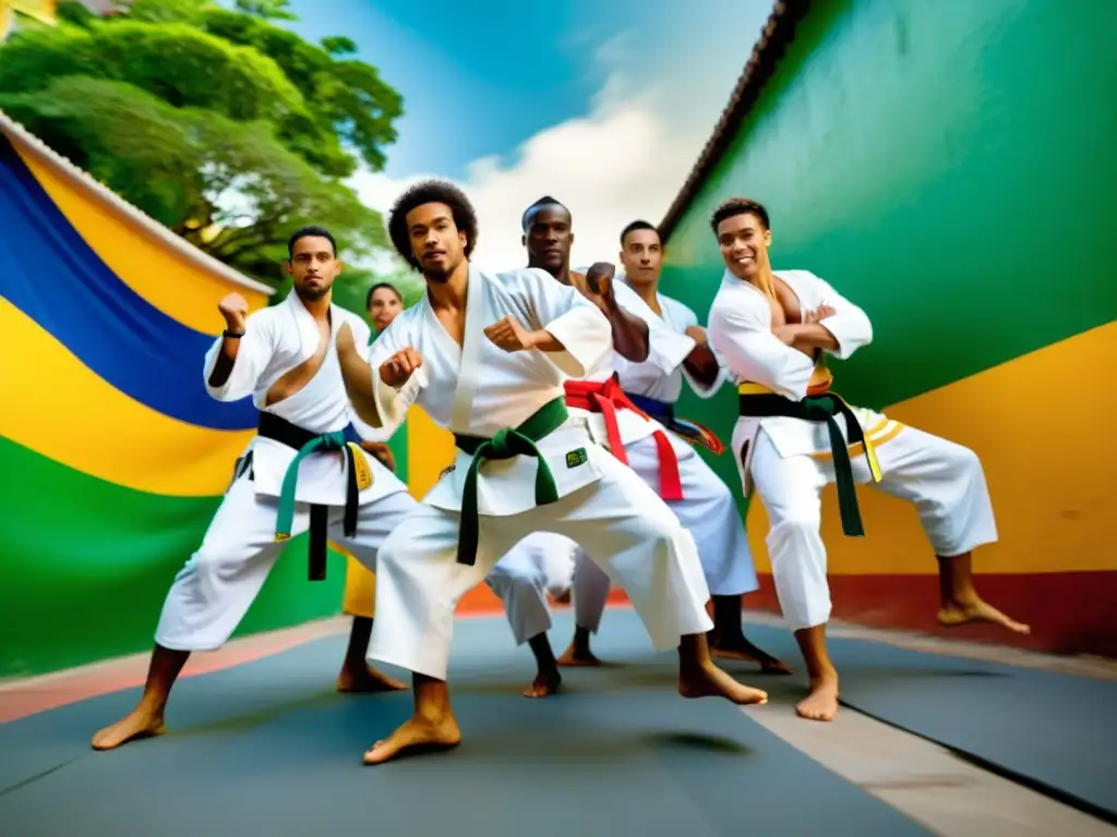 Un grupo de practicantes de capoeira lucha danzada con movimientos dinámicos y expresiones apasionadas, en un escenario callejero vibrante de Brasil