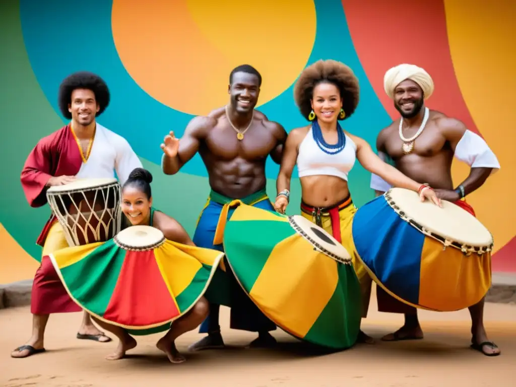 Grupo de practicantes de capoeira en vibrante danza con raíces africanas