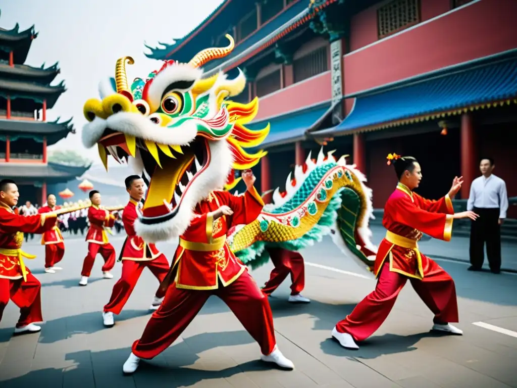 Un grupo de practicantes de Wushu interpretan la danza del dragón en una bulliciosa calle china, capturando la esencia de la cultura china