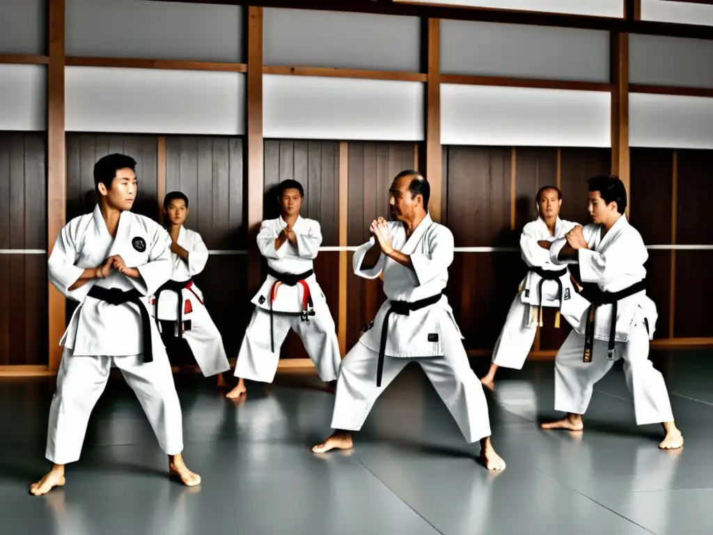 Grupo de practicantes de karate en un dojo tradicional de Okinawa, enfocados en la práctica del kata