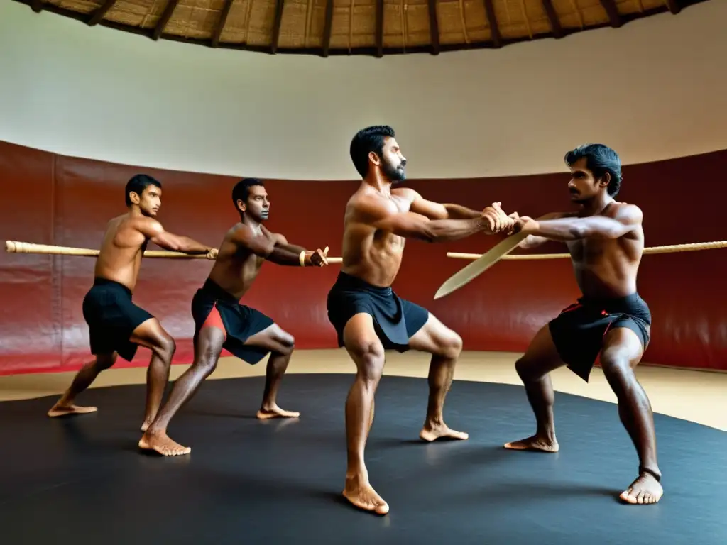 Un grupo de practicantes de Kalaripayattu realiza entrenamiento riguroso, mostrando técnicas tradicionales de combate y flexibilidad