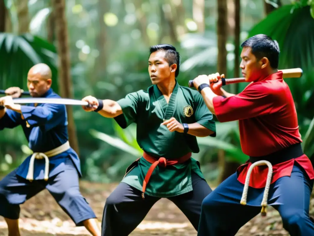 Grupo de practicantes de eskrima filipina en un exuberante bosque tropical, demostrando técnicas tradicionales con intensidad