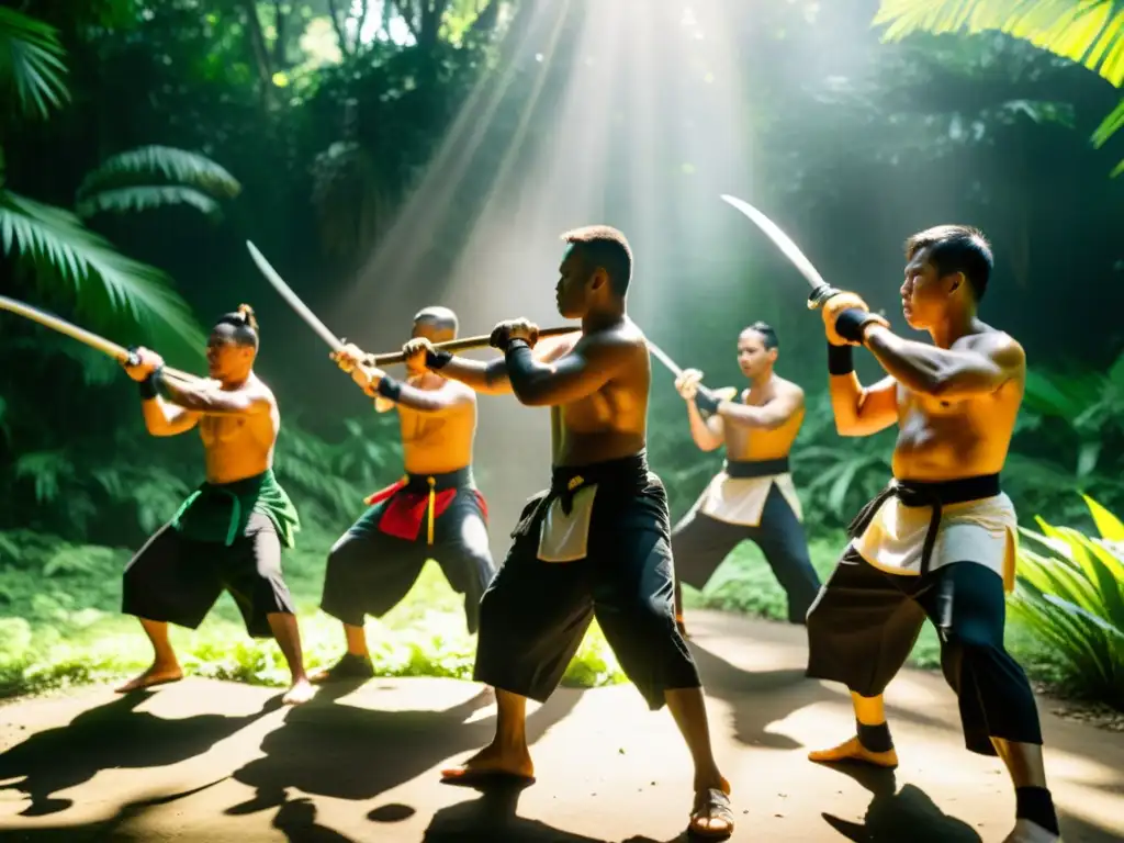 Un grupo de practicantes de Eskrima filipino en trajes tradicionales entrenando intensamente en un exuberante bosque tropical