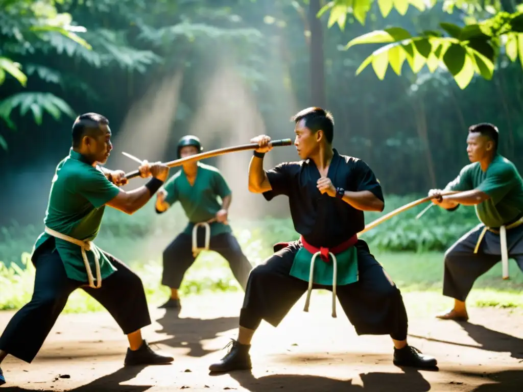 Grupo de practicantes de Eskrima filipino en sesión de entrenamiento tradicional en un frondoso claro del bosque