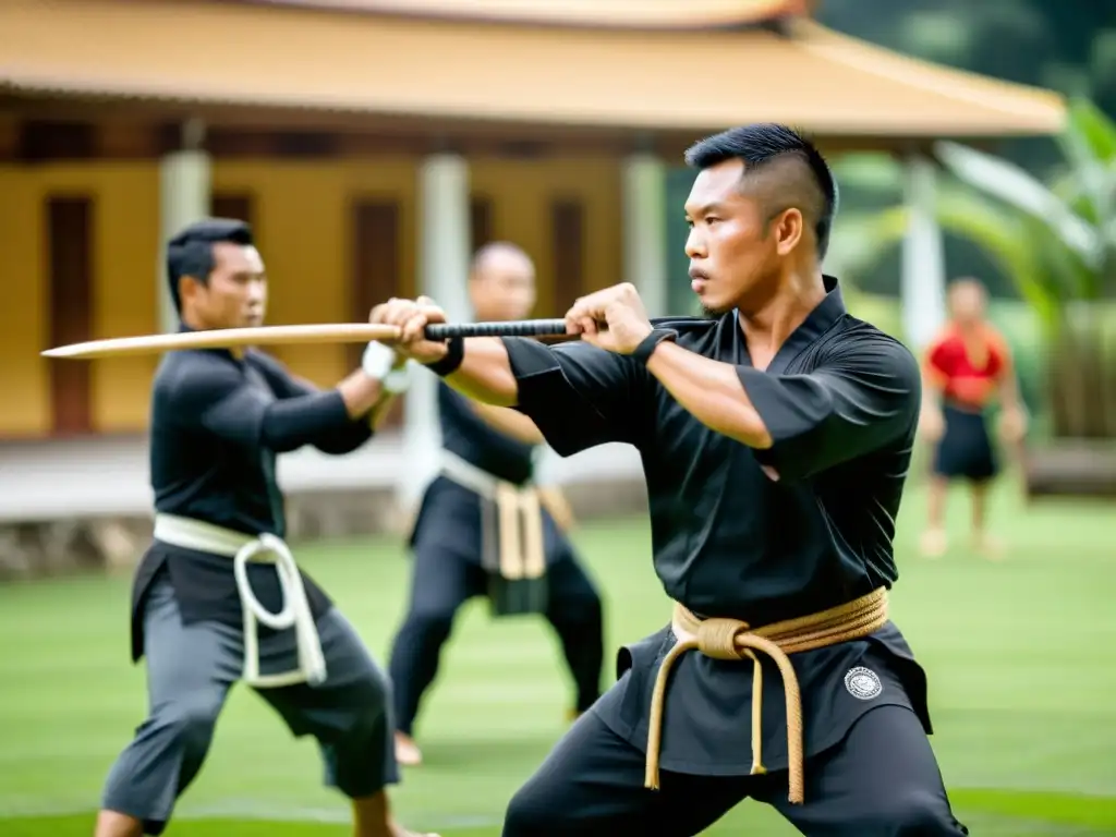 Un grupo de practicantes filipinos de Eskrima en trajes tradicionales, entrenando con precisión y enfoque