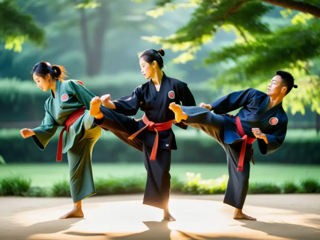 Grupo de practicantes de Hapkido coreano realizando técnicas tradicionales con gracia y precisión en un entorno sereno y natural