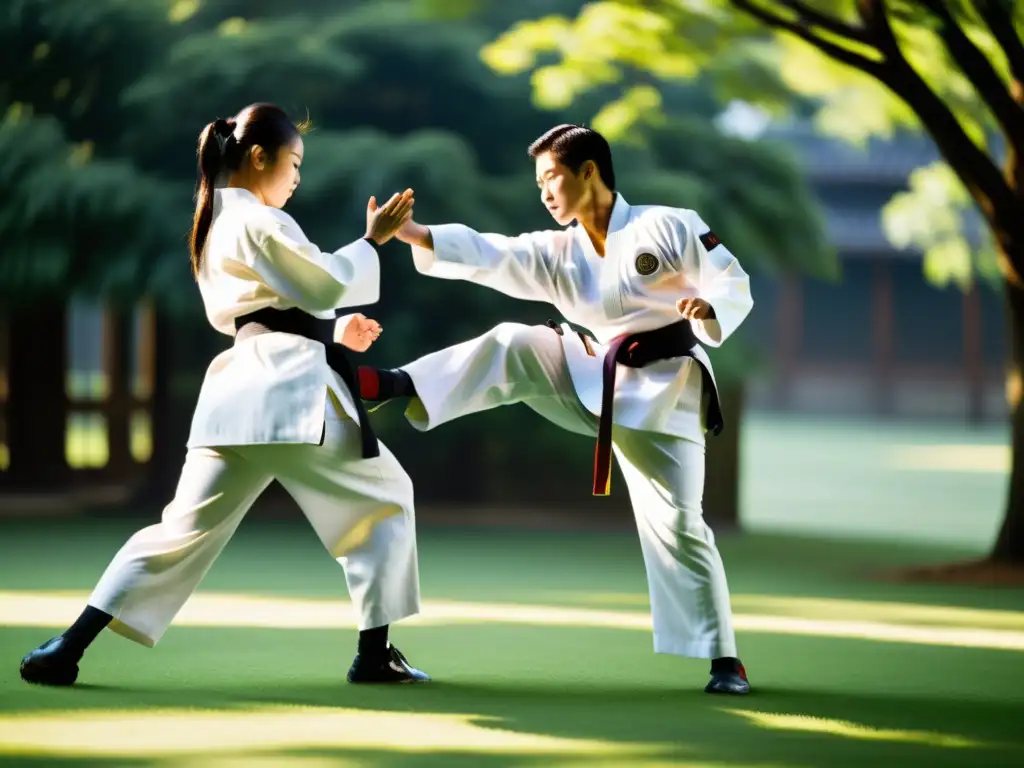 Un grupo de practicantes de Hapkido coreano en uniformes blancos tradicionales demuestran técnicas de autodefensa en un entorno sereno y exuberante