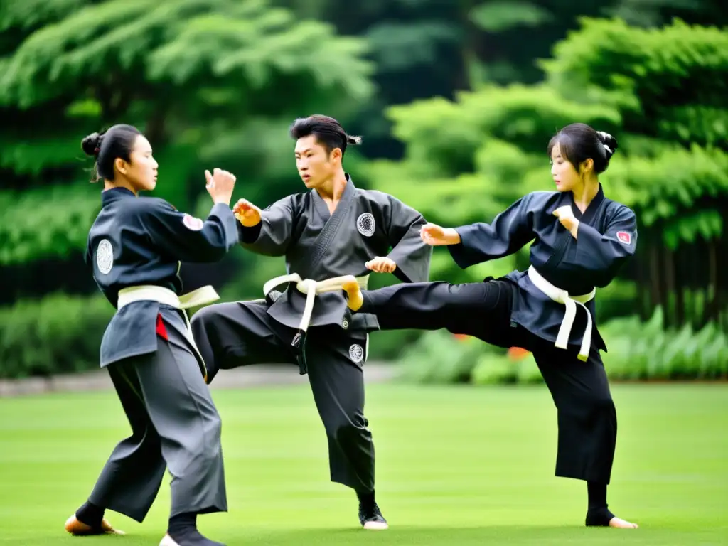 Grupo de practicantes de Hapkido en uniformes tradicionales realizando técnicas de autodefensa en un entorno sereno, mostrando la historia y filosofía del Hapkido