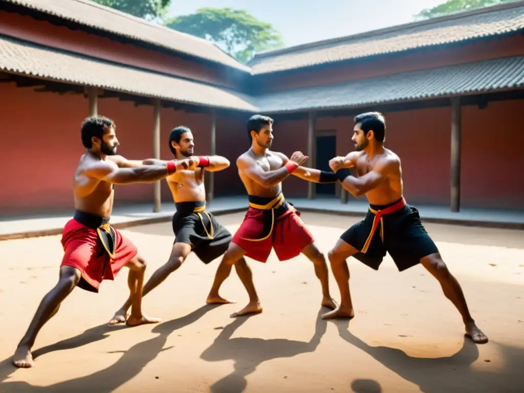 Un grupo de practicantes de Kalaripayattu realiza intensos entrenamientos en un patio soleado, demostrando las técnicas y el origen del arte marcial