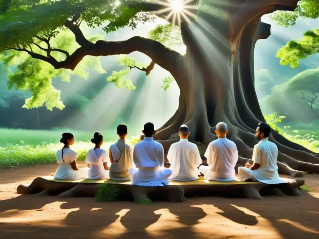 Meditación jainista en bosque sereno Grupo de practicantes del jainismo meditando bajo un árbol antiguo en un bosque sereno