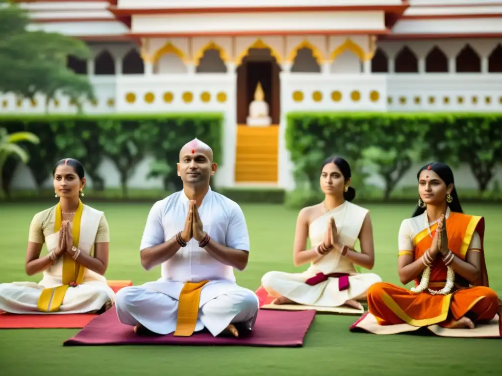 Rituales Jainistas: Color y Tradición en la India Un grupo de practicantes del jainismo participando en una ceremonia tradicional, con vibrantes atuendos y gestos serenos, en un entorno contemporáneo