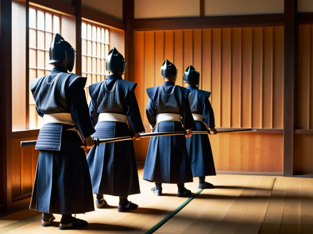 Un grupo de practicantes de kendo en un dojo, con uniformes tradicionales, practicando con bokken