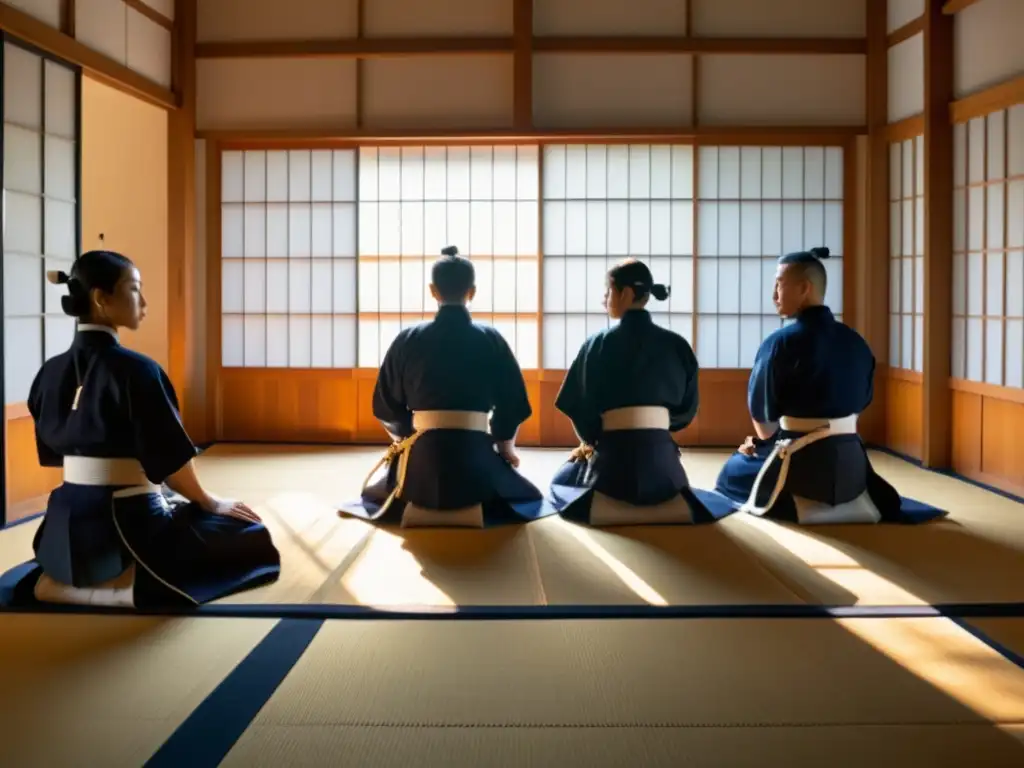 Grupo de practicantes de kendo en un dojo, con sensei observando