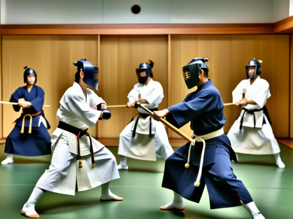 Un grupo de practicantes de kendo en un dojo moderno, mostrando la importancia del kendo en la cultura asiática