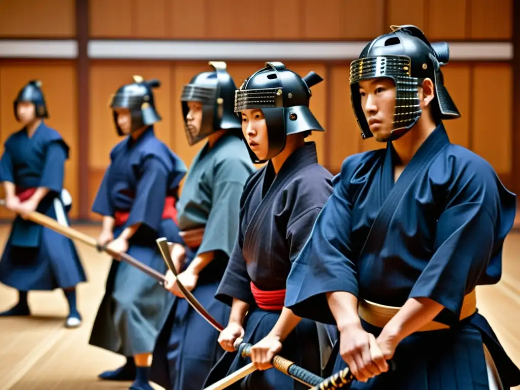 Un grupo de practicantes de kendo, enfocados y dedicados, entrenando en un tradicional dojo japonés