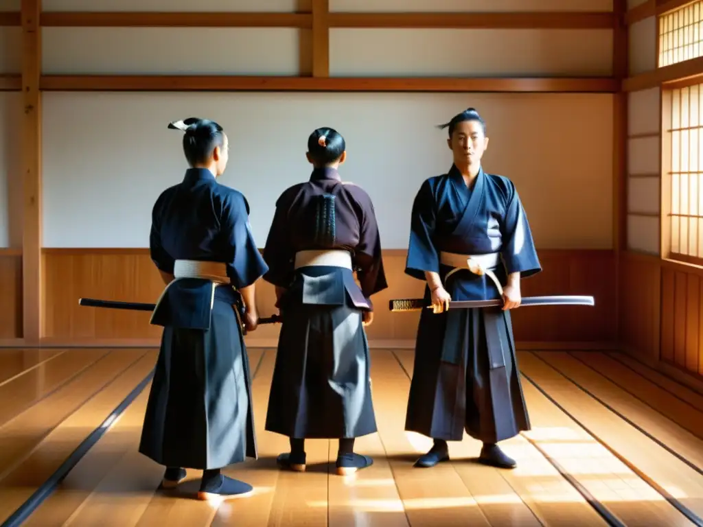 Un grupo de practicantes de kendo, con keikogi y hakama blancos, en un dojo iluminado por luz natural