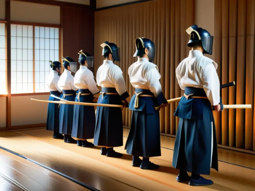 Un grupo de practicantes de kendo en uniformes tradicionales blancos, listos para un combate de práctica