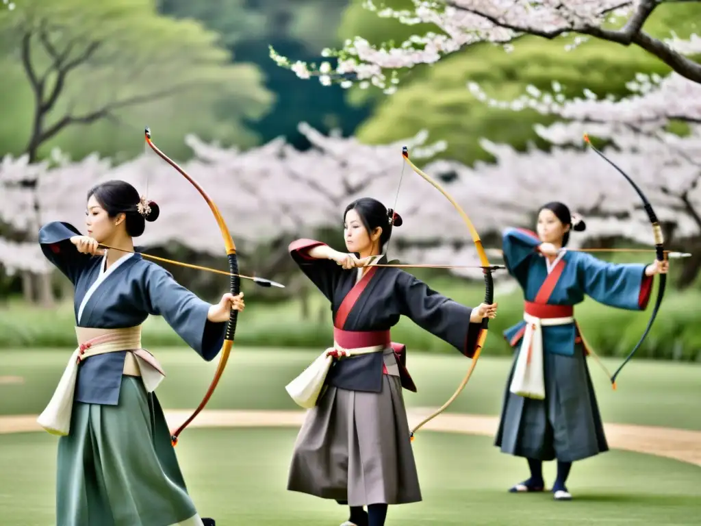 Grupo de practicantes de kyudo en un entorno natural, mostrando concentración y tranquilidad