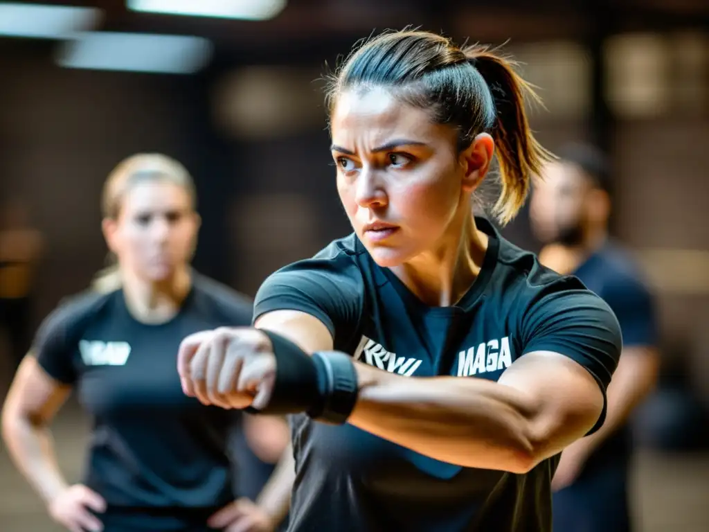 Grupo de practicantes de Krav Magá entrenando con determinación en un almacén urbano, reflejando la filosofía detrás del Krav Magá