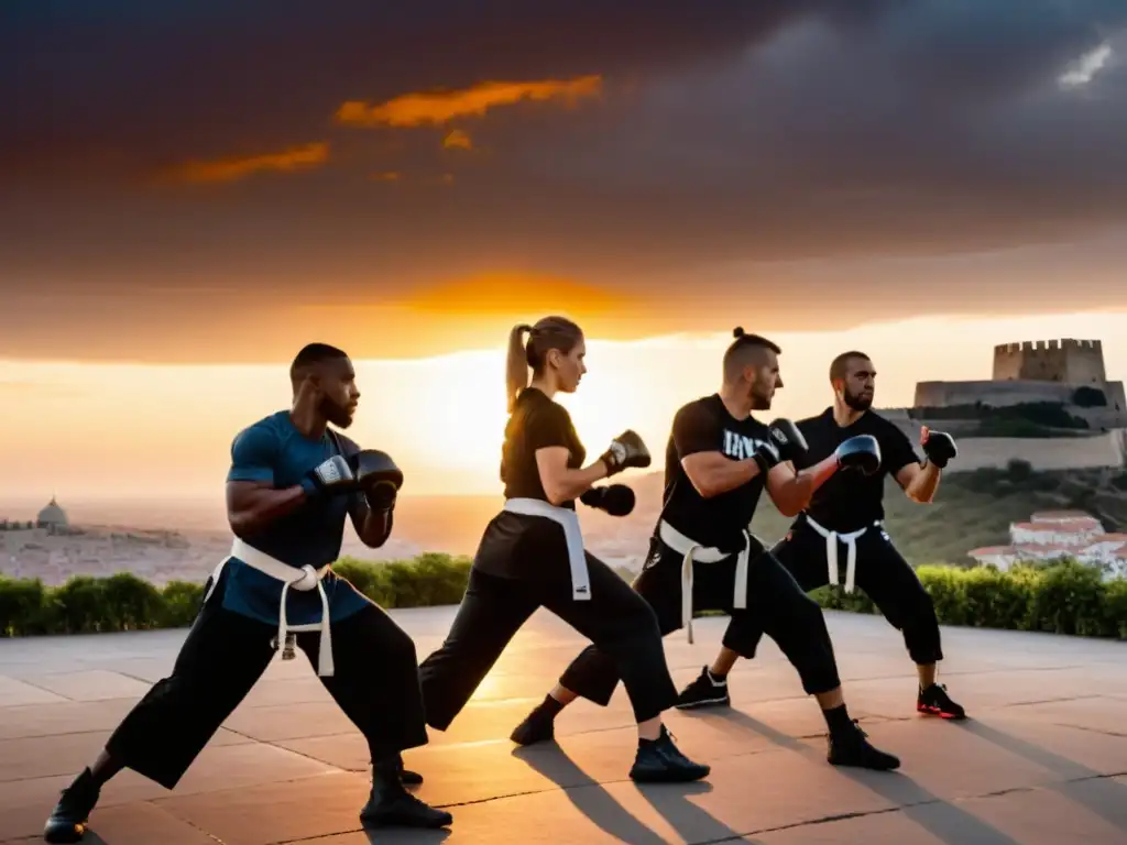 Grupo de practicantes de Krav Magá entrenando al amanecer frente a una antigua fortaleza israelí