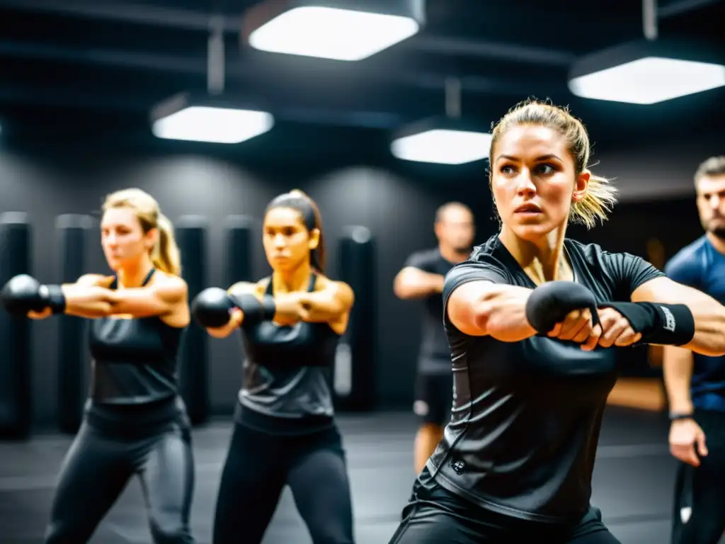 Grupo de practicantes de Krav Magá entrenando con determinación en un gimnasio moderno