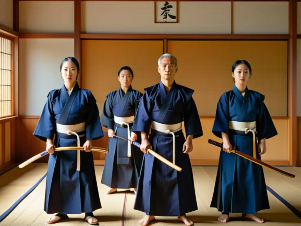 Un grupo de practicantes modernos de kendo, vistiendo uniformes blancos e índigo, se paran en un dojo sereno y bañado por el sol
