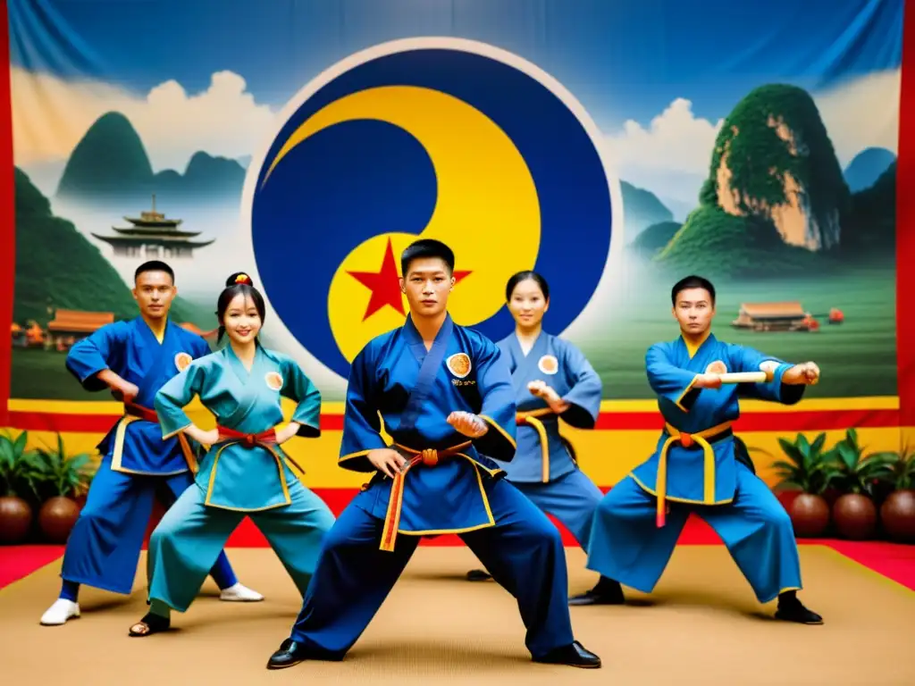 Un grupo de practicantes de Vovinam ejecutando movimientos dinámicos frente a un telón que representa la unificación de Vietnam