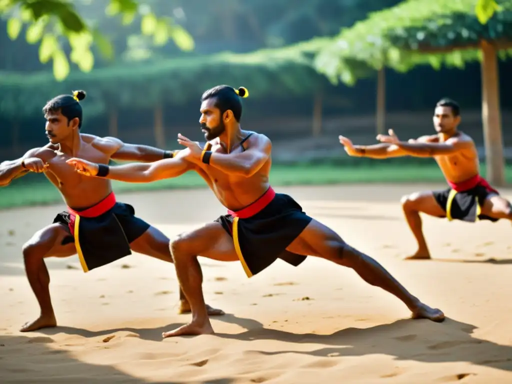 Un grupo de practicantes de Kalaripayattu realiza movimientos intrincados en un escenario tradicional, con enfoque e intensa concentración