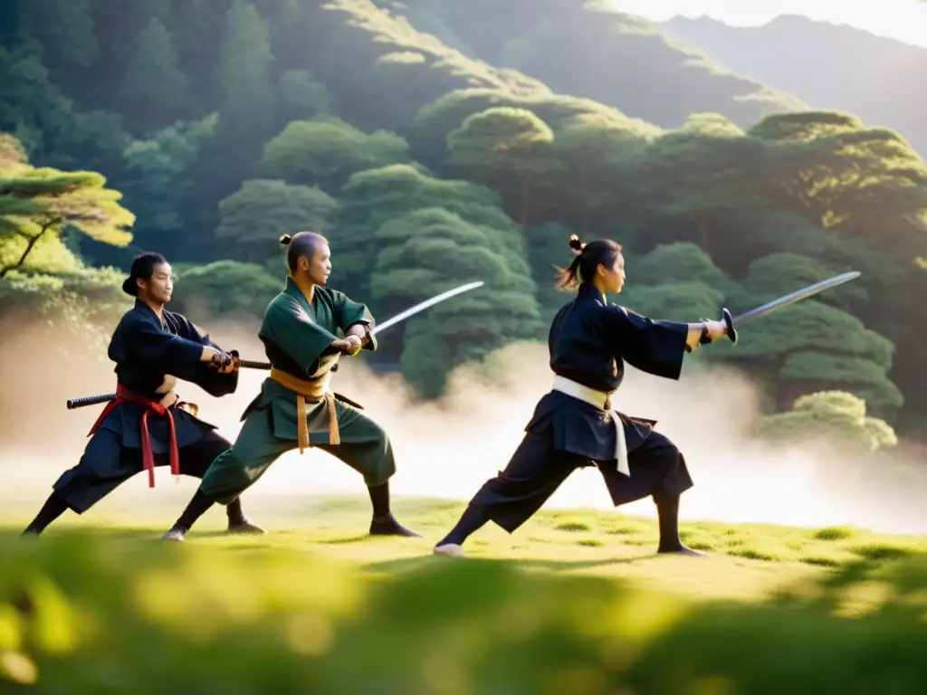 Un grupo de practicantes de kenjutsu samurai ejecuta movimientos precisos en un dojo de montaña, capturando la historia del kenjutsu samurai con disciplina y tradición