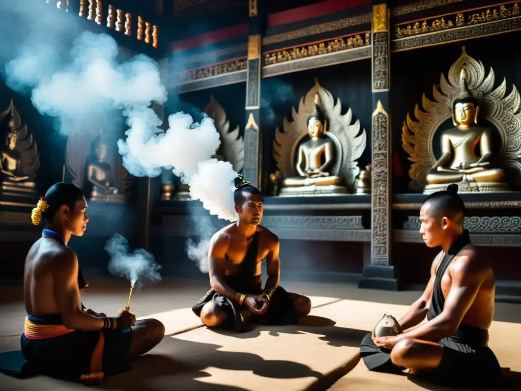 Un grupo de practicantes de Muay Boran realiza la ceremonia tradicional Wai Kru en un antiguo templo, con humo de incienso y sombras dramáticas