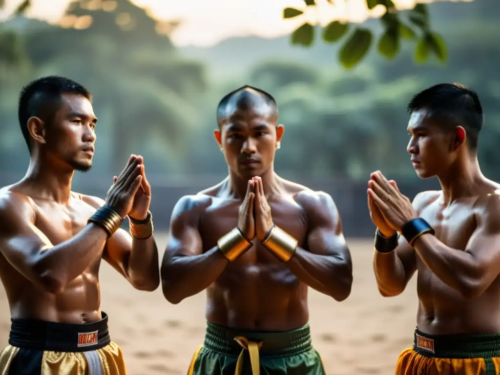 Un grupo de practicantes de Muay Thai realiza el ritual Wai Kru al amanecer, conectándose con la esencia espiritual de Muay Boran