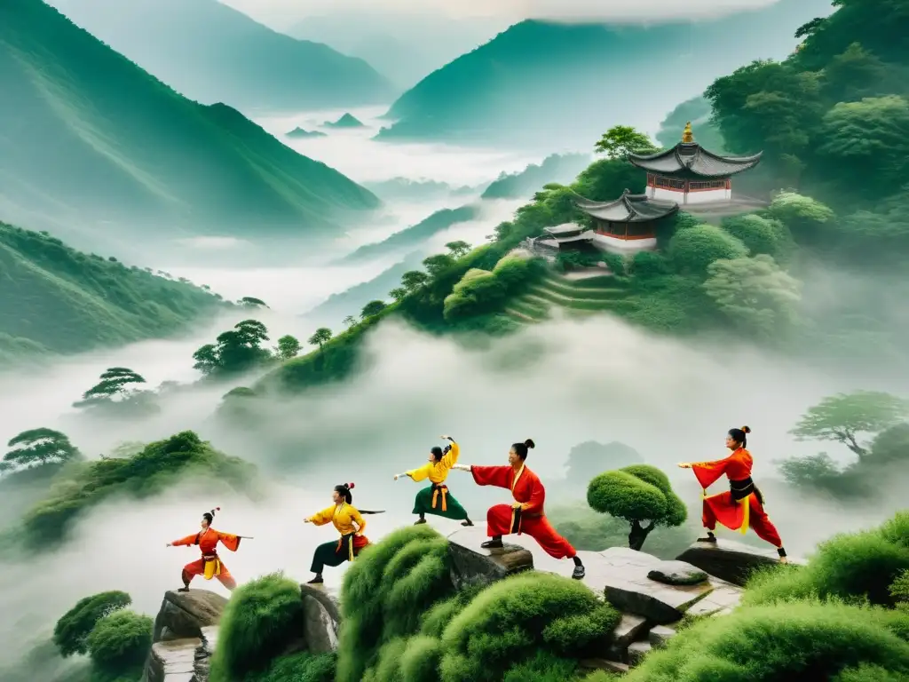 Grupo de practicantes de Wushu en la niebla de la montaña, mostrando la elegancia del Wushu, un arte marcial tradicional de China