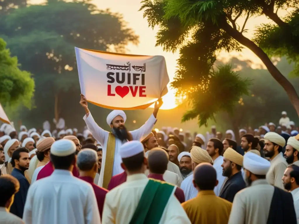 Grupo de practicantes Sufi en protesta pacífica al atardecer, irradiando armonía y Ética del Sufismo para la paz