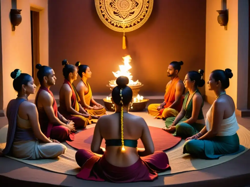 Grupo de practicantes en ritual de tantra, en un templo decorado con luz de velas