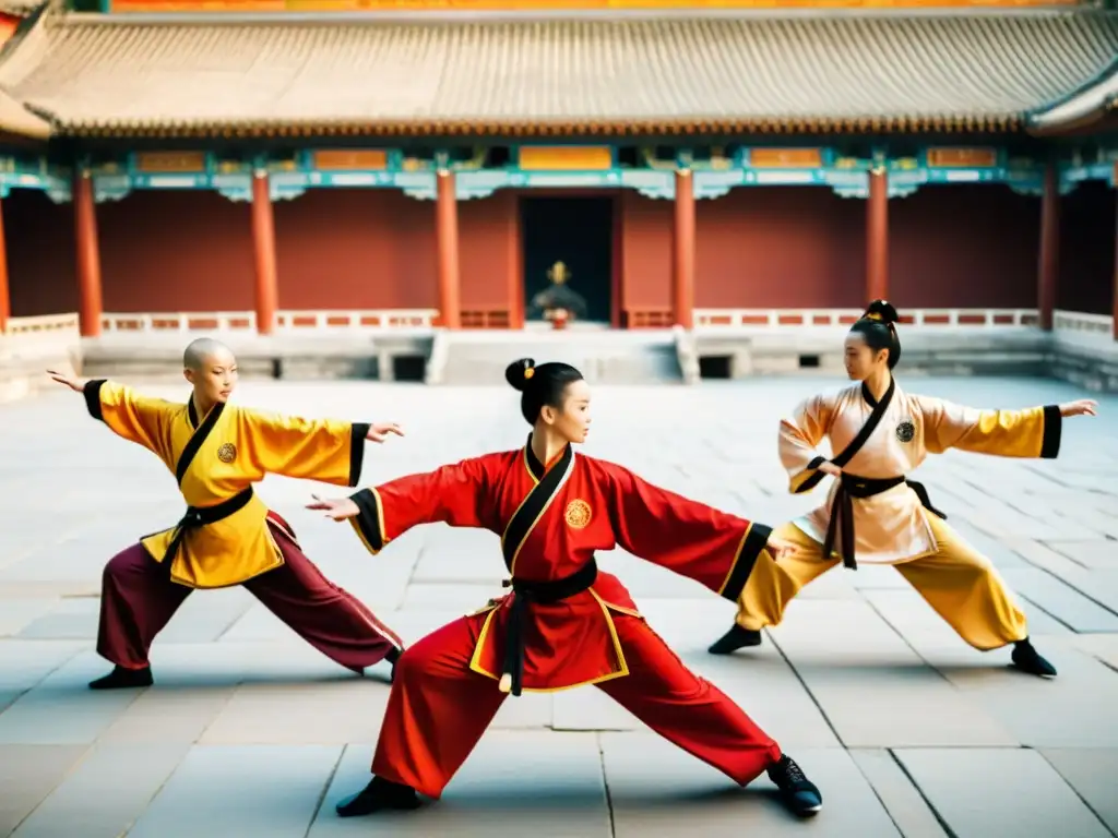 Un grupo de practicantes de wushu realizan una rutina sincronizada en un patio chino con arquitectura antigua, destacando la gracia del wushu arte marcial tradicional China