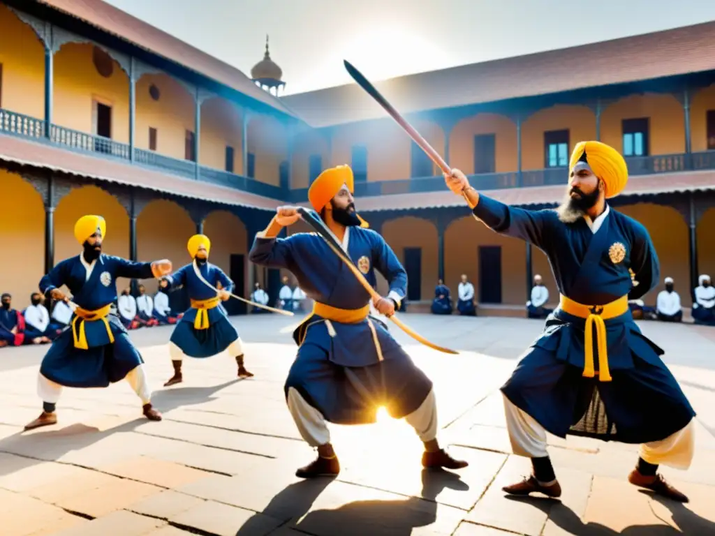 Un grupo de practicantes sij vestidos con atuendo tradicional realizando el antiguo arte marcial de Gatka bajo el sol en un patio