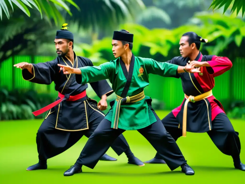 Un grupo de practicantes de Pencak Silat en atuendo tradicional realiza movimientos complejos en un exuberante entorno tropical