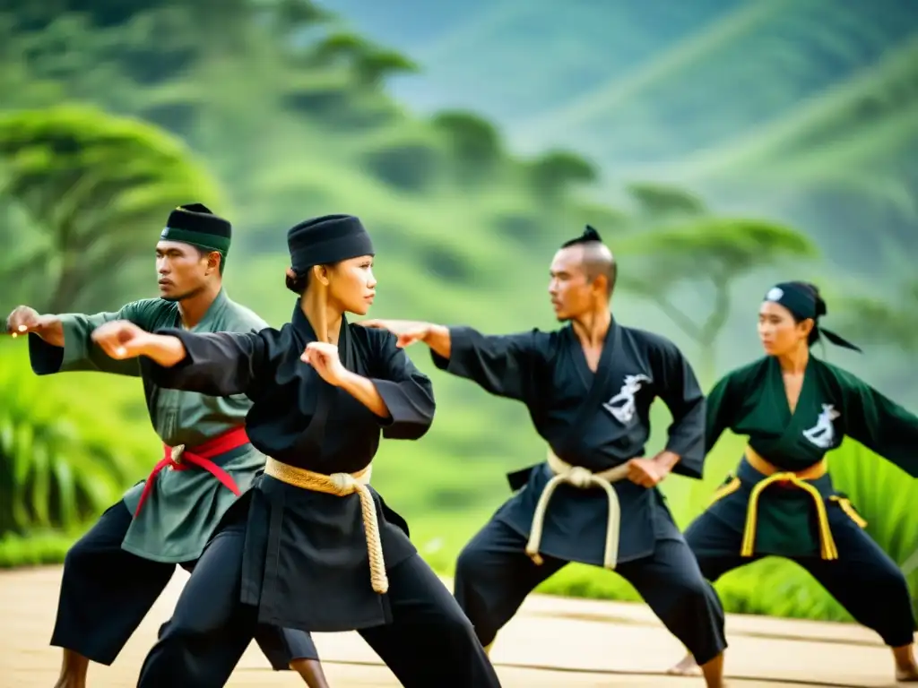 Un grupo de practicantes de Silat en Indonesia, mostrando movimientos precisos y expresando determinación