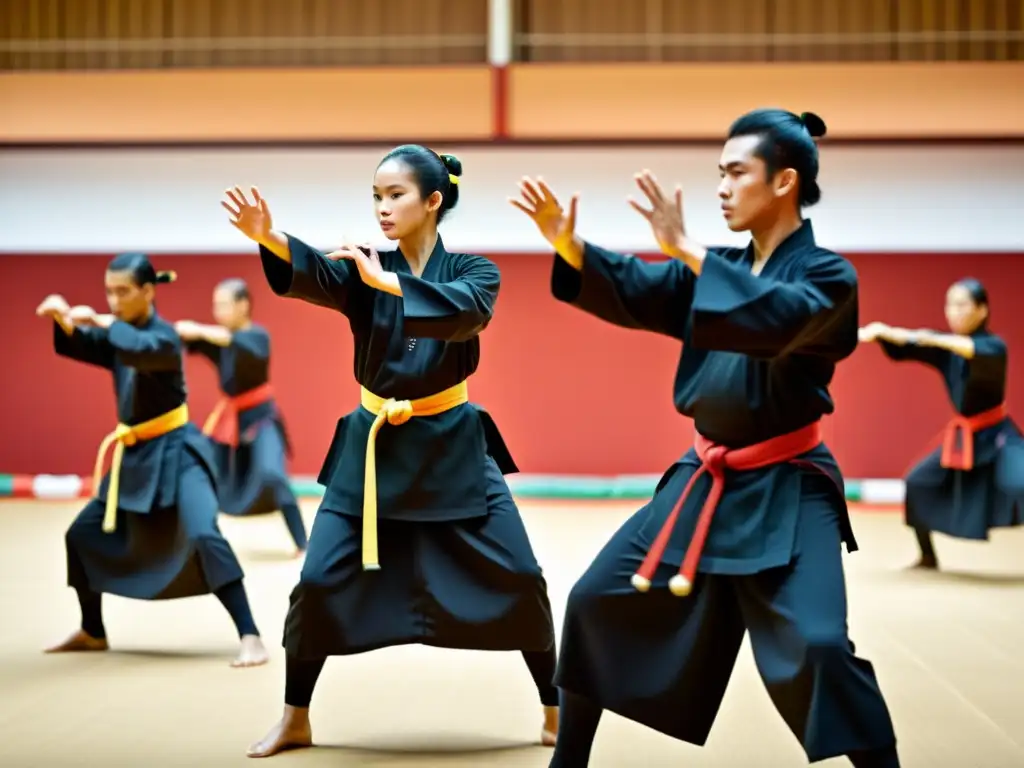 Un grupo de practicantes de Pencak Silat demuestra técnicas poderosas en un salón tradicional