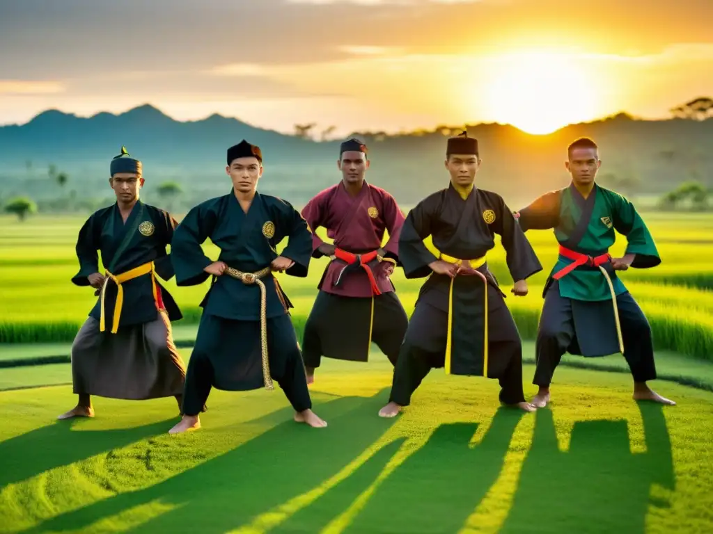 Un grupo de practicantes de silat en trajes tradicionales indonesios realizando movimientos de artes marciales sincronizados al atardecer