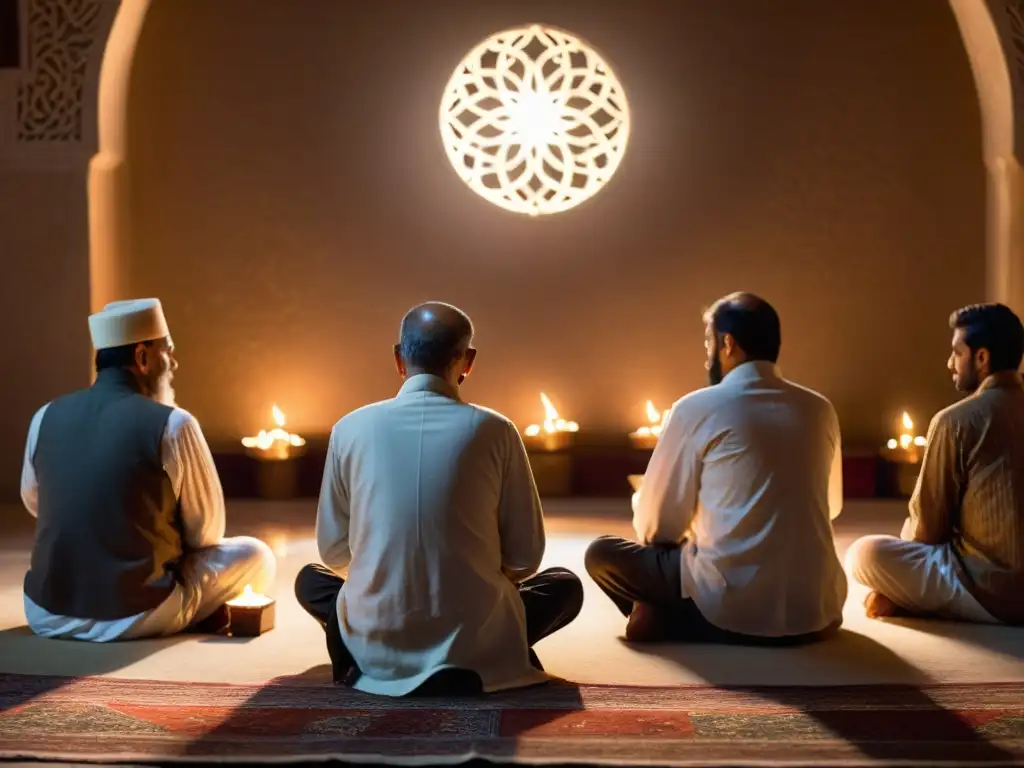 Un grupo de practicantes sufíes en ceremonia de dhikr, con rostros serenos iluminados por velas