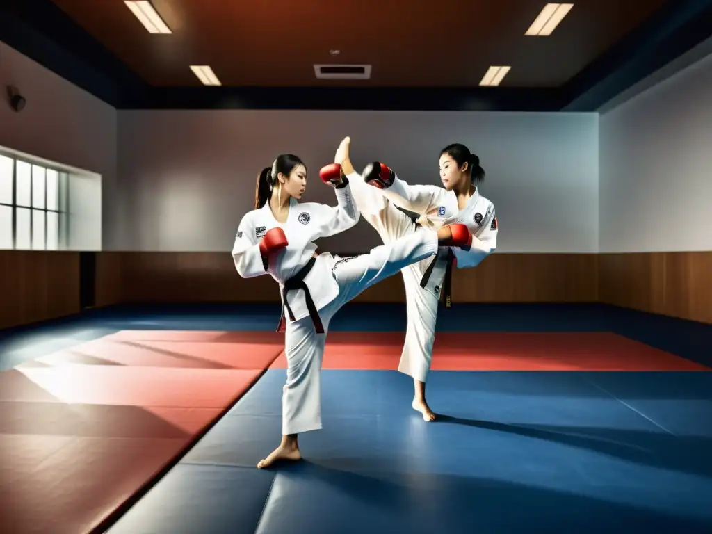 Grupo de practicantes de Taekwondo exhibiendo su destreza en un gimnasio moderno, destacando la trayectoria milenaria del taekwondo