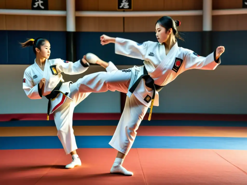 Grupo de practicantes de Taekwondo realizando potentes patadas en un entorno sereno