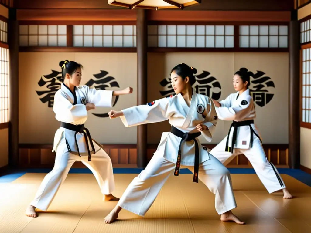 Grupo de practicantes de Taekwondo en doboks tradicionales realizando patadas y golpes precisos en un dojang iluminado por el sol