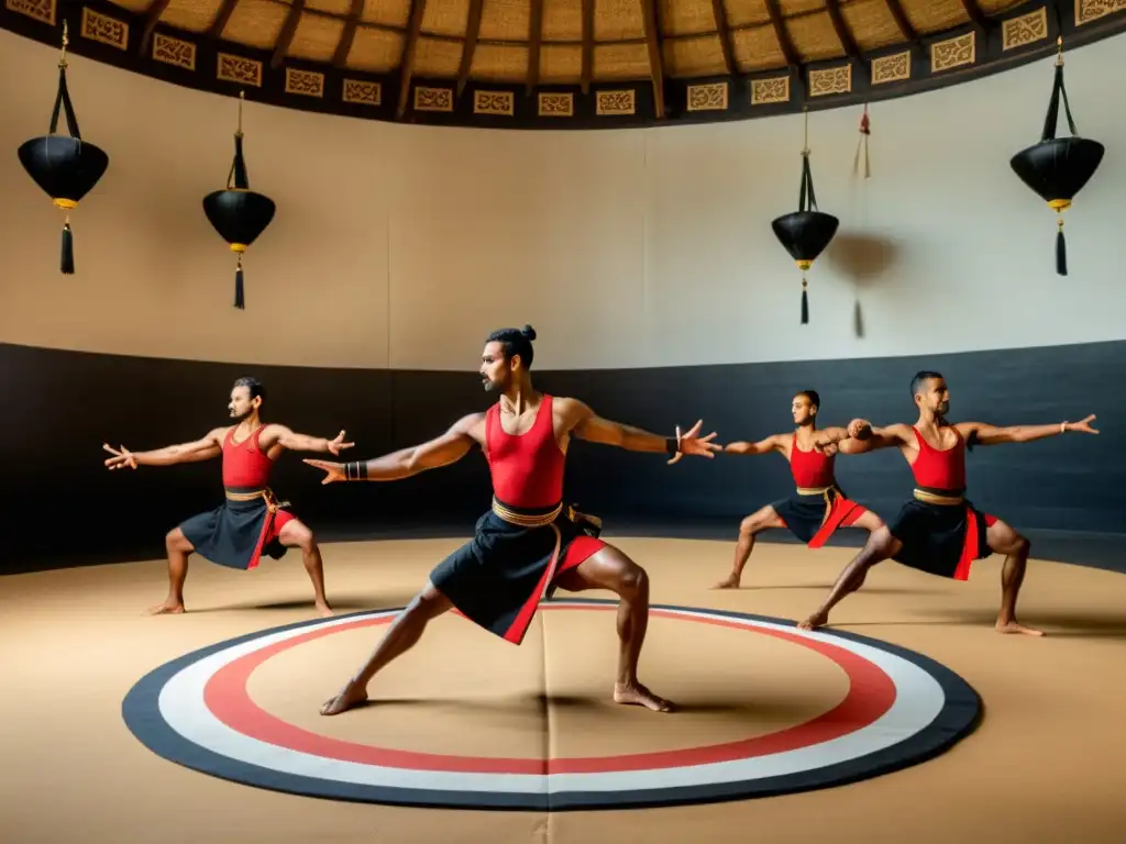 Un grupo de practicantes de Kalaripayattu demuestra técnicas en un espacio amplio y tradicional