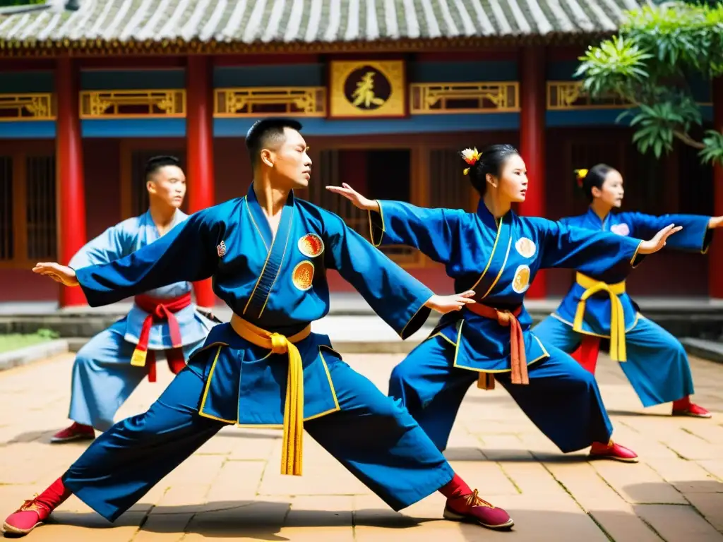 Un grupo de practicantes de Vovinam vestidos con trajes tradicionales ejecutan movimientos poderosos y precisos en un patio soleado rodeado de exuberante vegetación y arquitectura pagoda