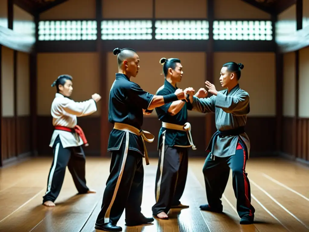 Grupo de practicantes de Wing Chun en un antiguo salón de entrenamiento, destacando las técnicas y la atmósfera espiritual