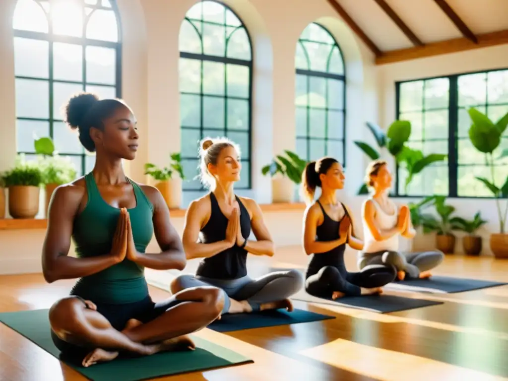 Grupo de practicantes de yoga de todas las edades en un estudio sereno, con plantas verdes