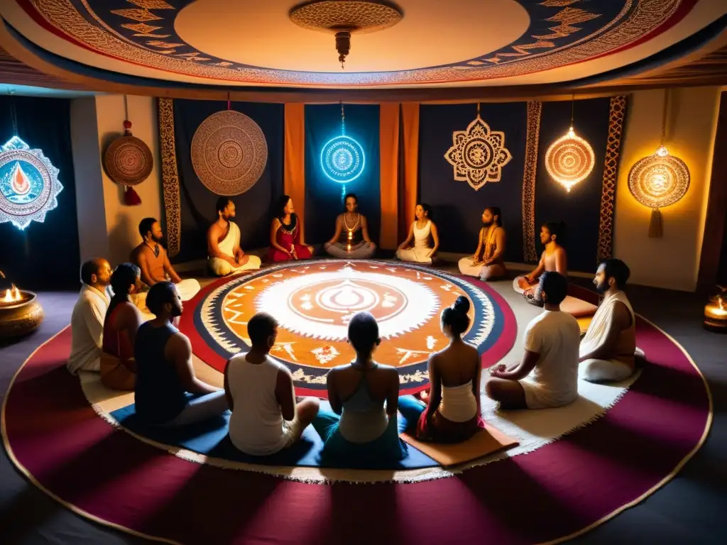 Un grupo en meditación profunda practica tantra en un entorno sereno y espiritual