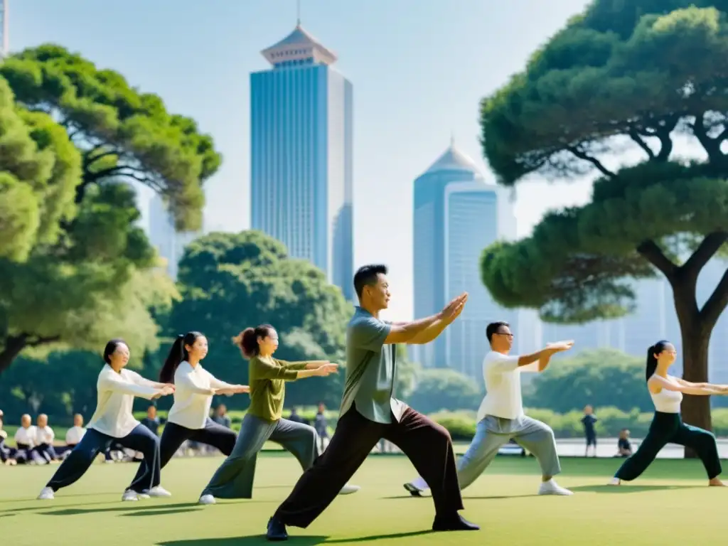 Un grupo practica Qigong en un parque sereno, entre rascacielos